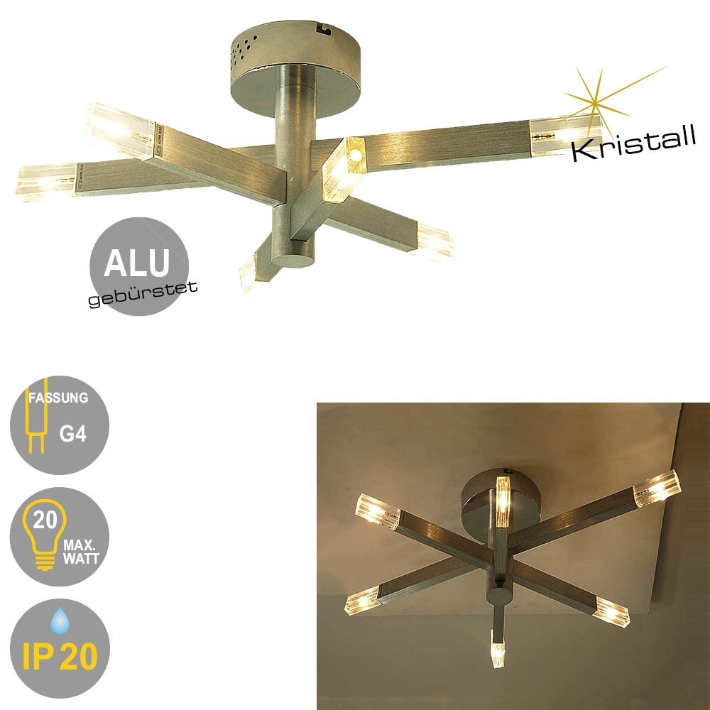 Halogen Deckenleuchte LOUIS Aluminium und Echtkristall-Aufsätzen