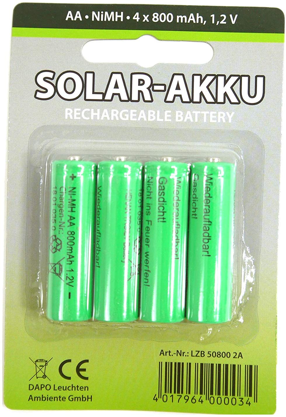 4er Set Solar-Akku, AA- NiMH, 800mAh